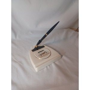 Vintage Porcelain Desk Accessory Light Rockaway Pen Holder With Pen Made In USA